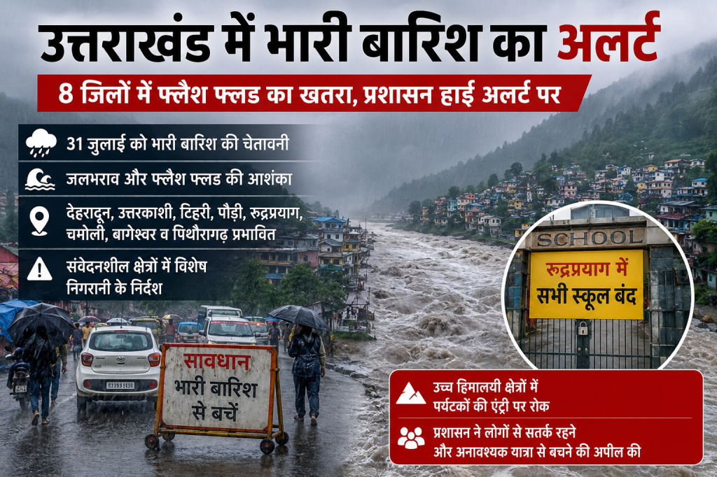 उत्तराखंड में मौसम विभाग (IMD) द्वारा 31 जुलाई को भारी बारिश का पूर्वानुमान